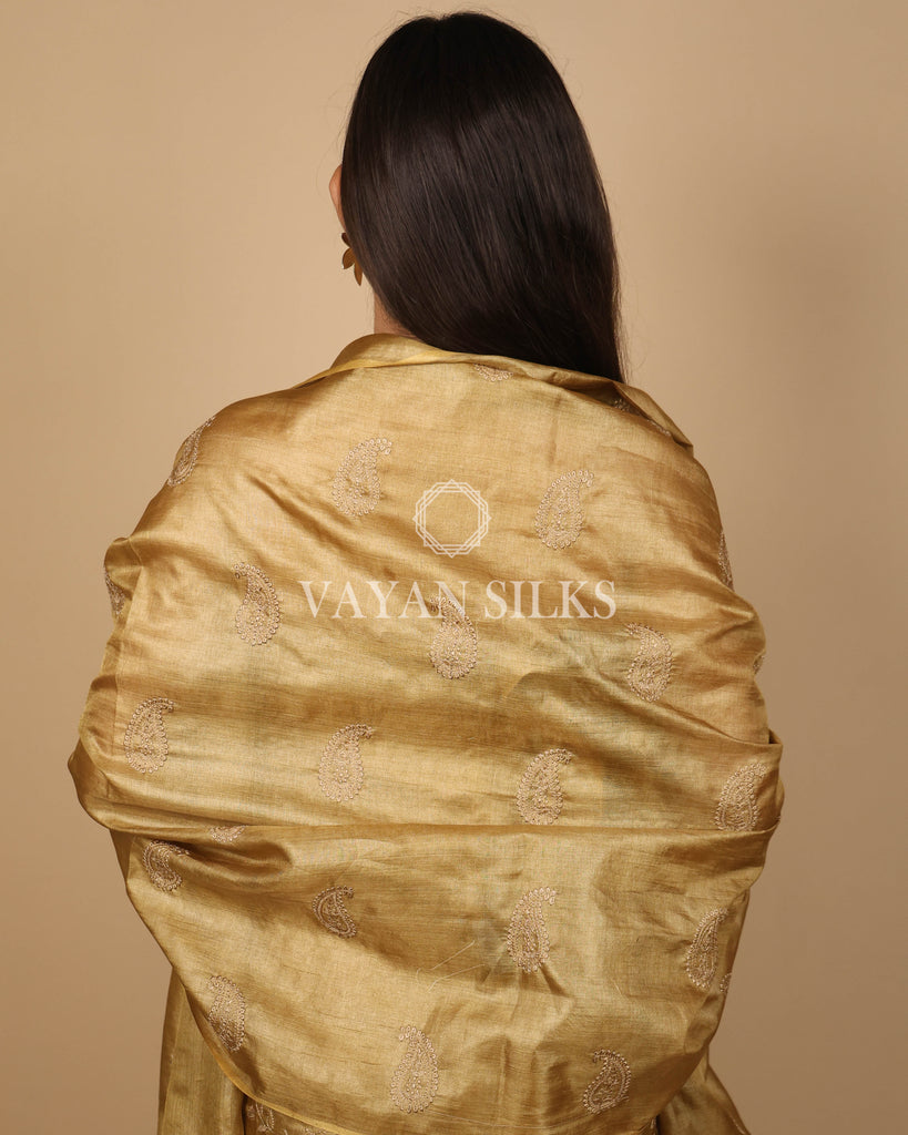 Golden Embroidered Pure Tussar Silk Unstitched Suit Set