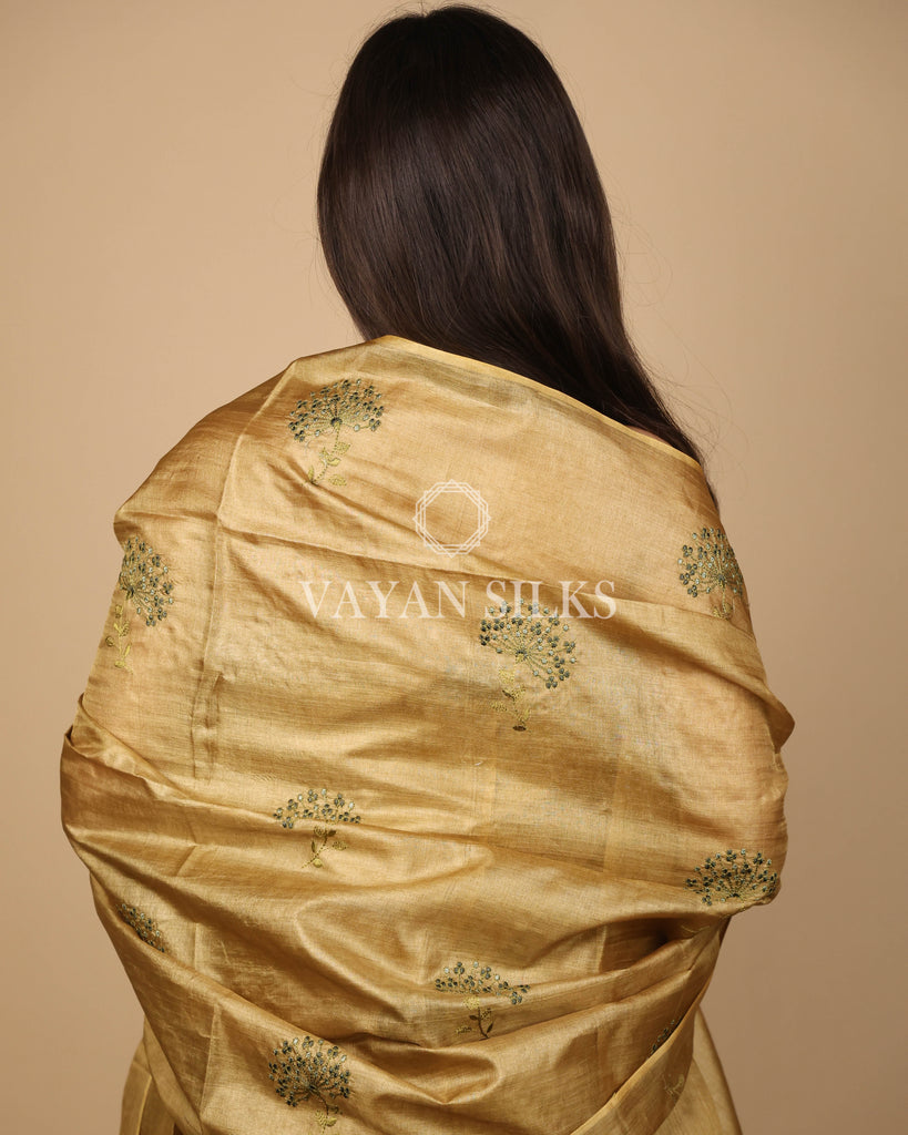 Golden Embroidered Pure Tussar Silk Unstitched Suit Set