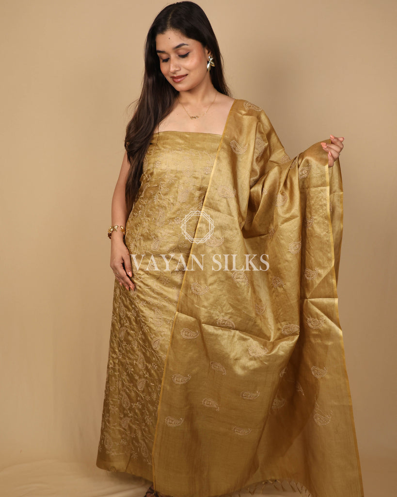 Golden Embroidered Pure Tussar Silk Unstitched Suit Set