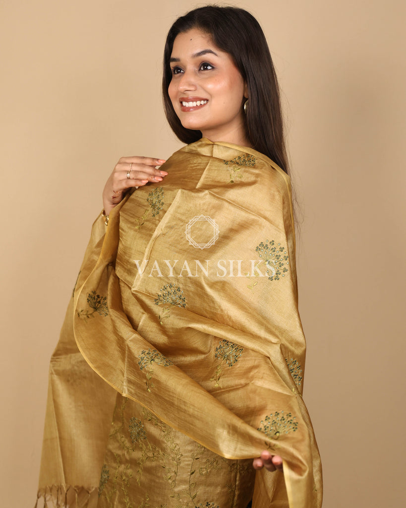 Golden Embroidered Pure Tussar Silk Unstitched Suit Set