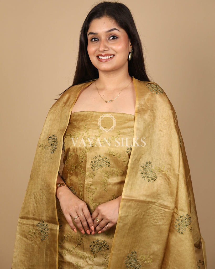 Golden Embroidered Pure Tussar Silk Unstitched Suit Set