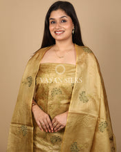 Load image into Gallery viewer, Golden Embroidered Pure Tussar Silk Unstitched Suit Set