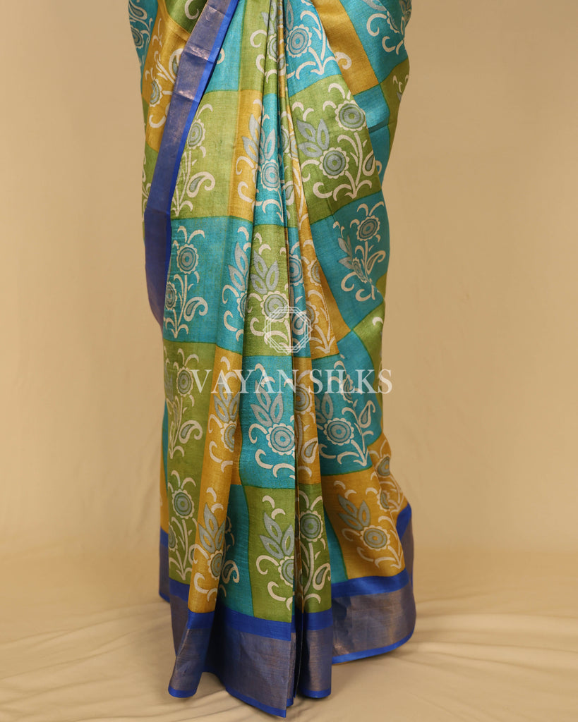 Green Blue Yellow Printed Pure Tussar Silk Saree