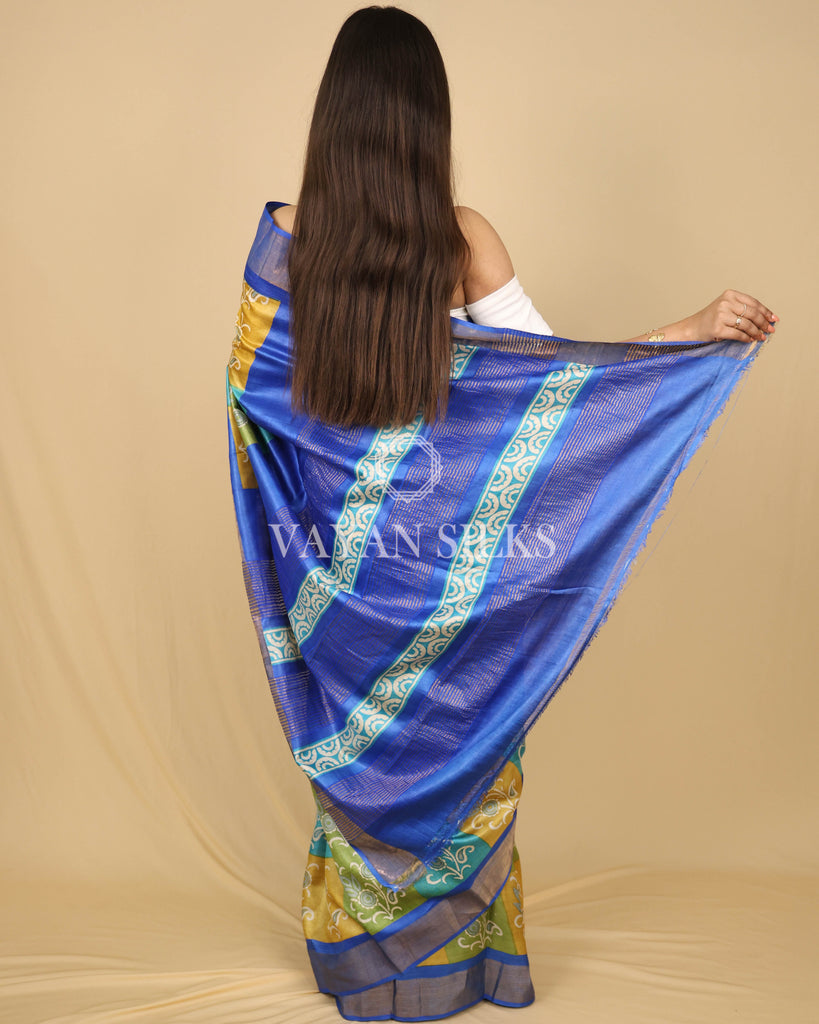 Green Blue Yellow Printed Pure Tussar Silk Saree