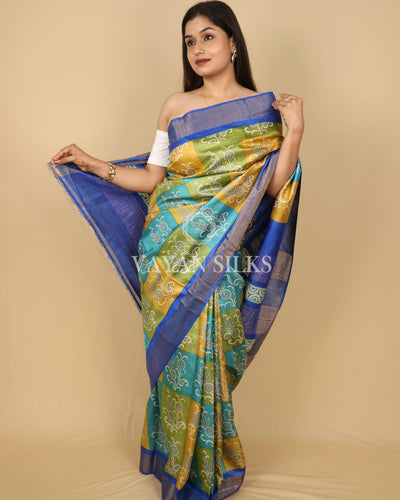 Green Blue Yellow Printed Pure Tussar Silk Saree