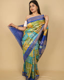 Green Blue Yellow Printed Pure Tussar Silk Saree