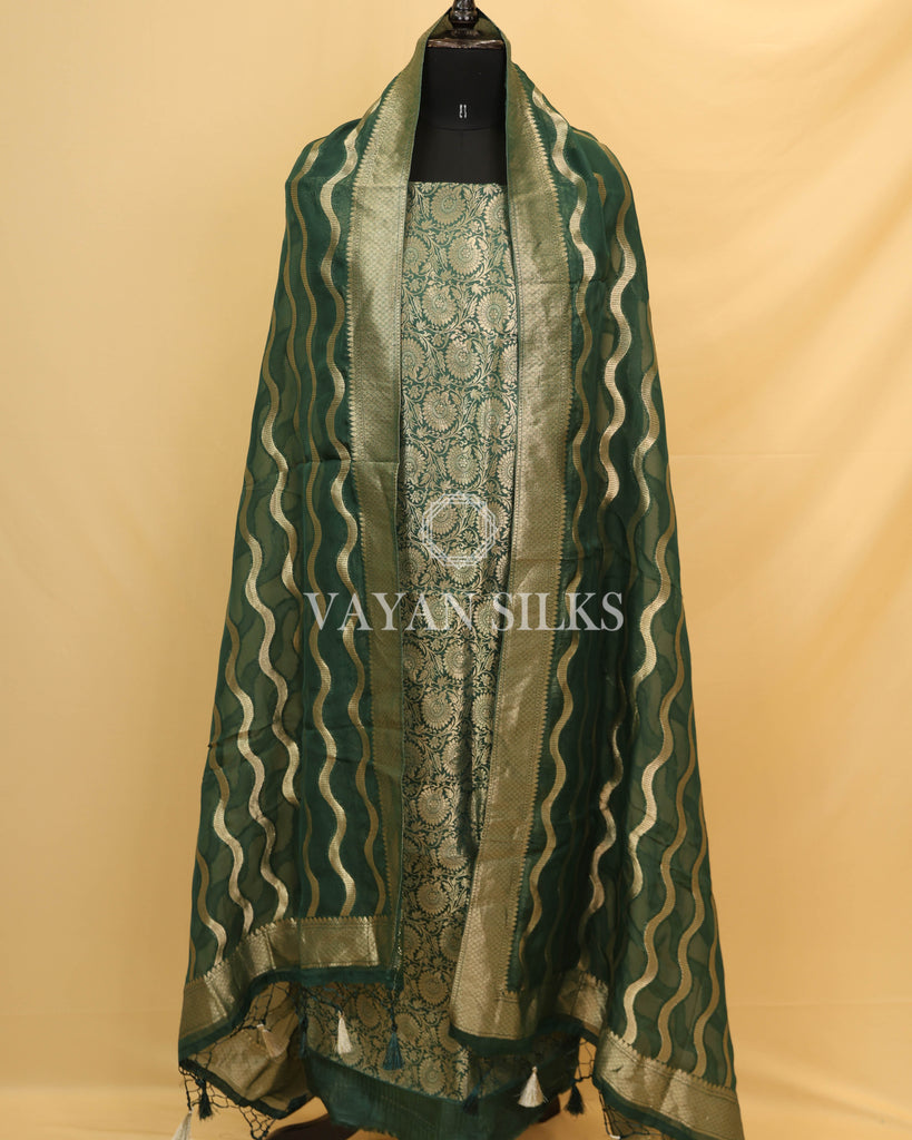 Green Banarasi Brocade Organza Silk Unstitched Suit Set
