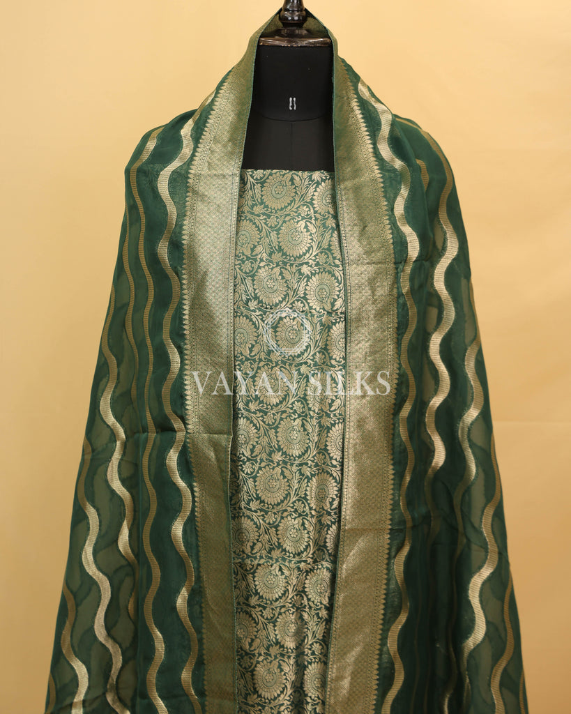 Green Banarasi Brocade Organza Silk Unstitched Suit Set