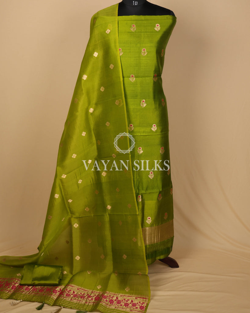 Green Pure Banarasi Katan Silk Unstitched Suit Set