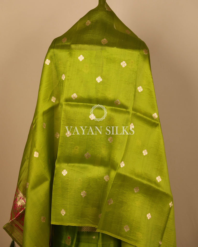 Green Pure Banarasi Katan Silk Unstitched Suit Set