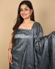 Load image into Gallery viewer, Grey Embroidered Pure Tussar Silk Unstitched Suit Set