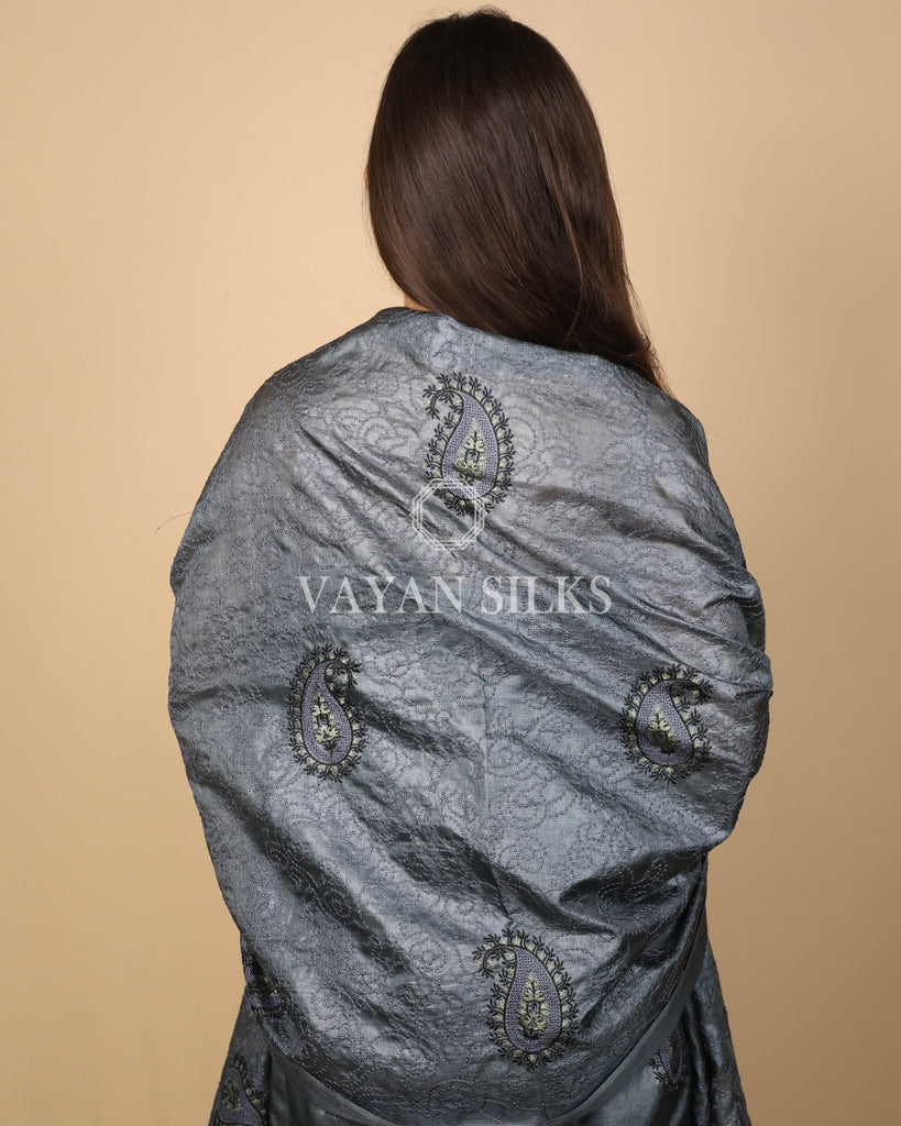 Grey Embroidered Pure Tussar Silk Unstitched Suit Set