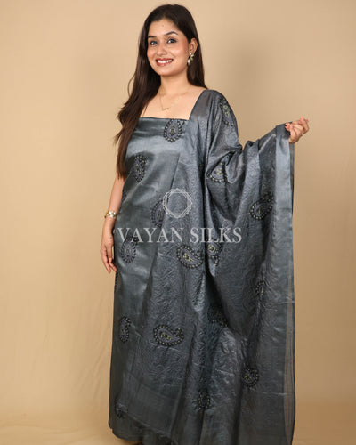 Grey Embroidered Pure Tussar Silk Unstitched Suit Set