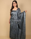 Grey Embroidered Pure Tussar Silk Unstitched Suit Set