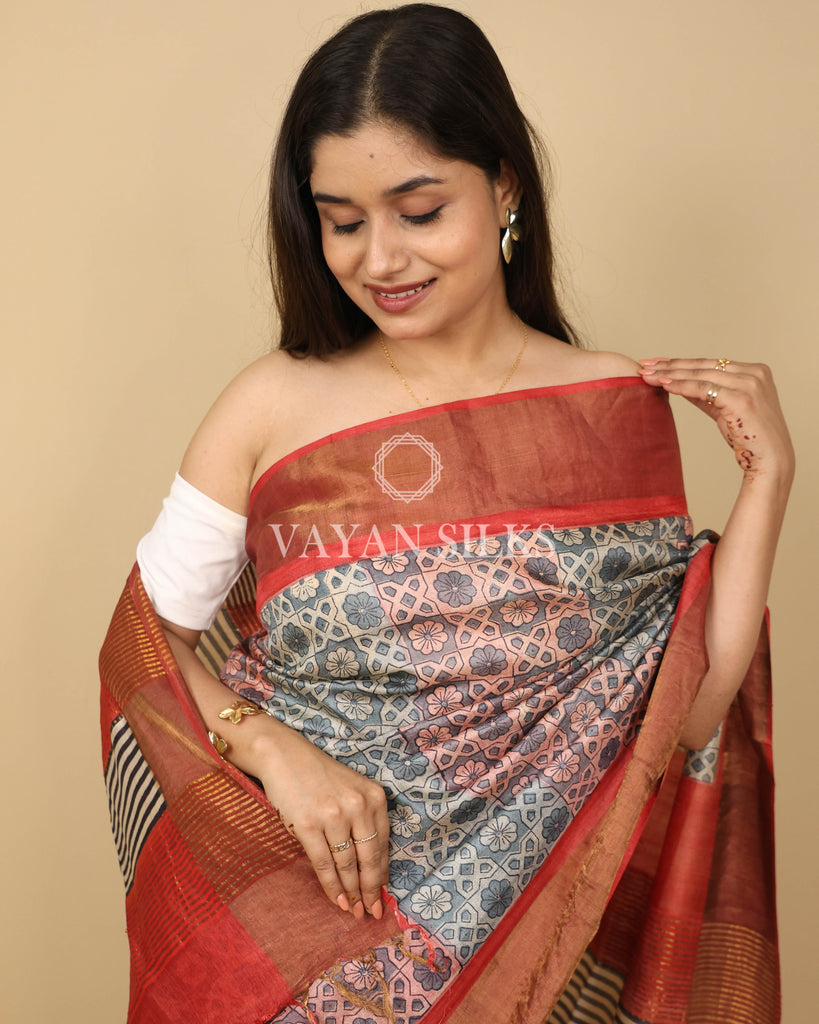 Grey Rust Orange Printed Pure Tussar Silk Saree