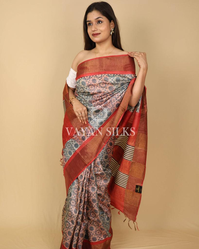 Grey Rust Orange Printed Pure Tussar Silk Saree