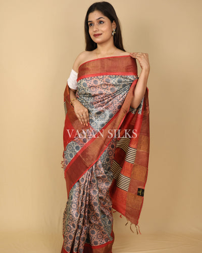 Grey Rust Orange Printed Pure Tussar Silk Saree