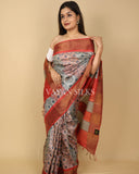 Grey Rust Orange Printed Pure Tussar Silk Saree