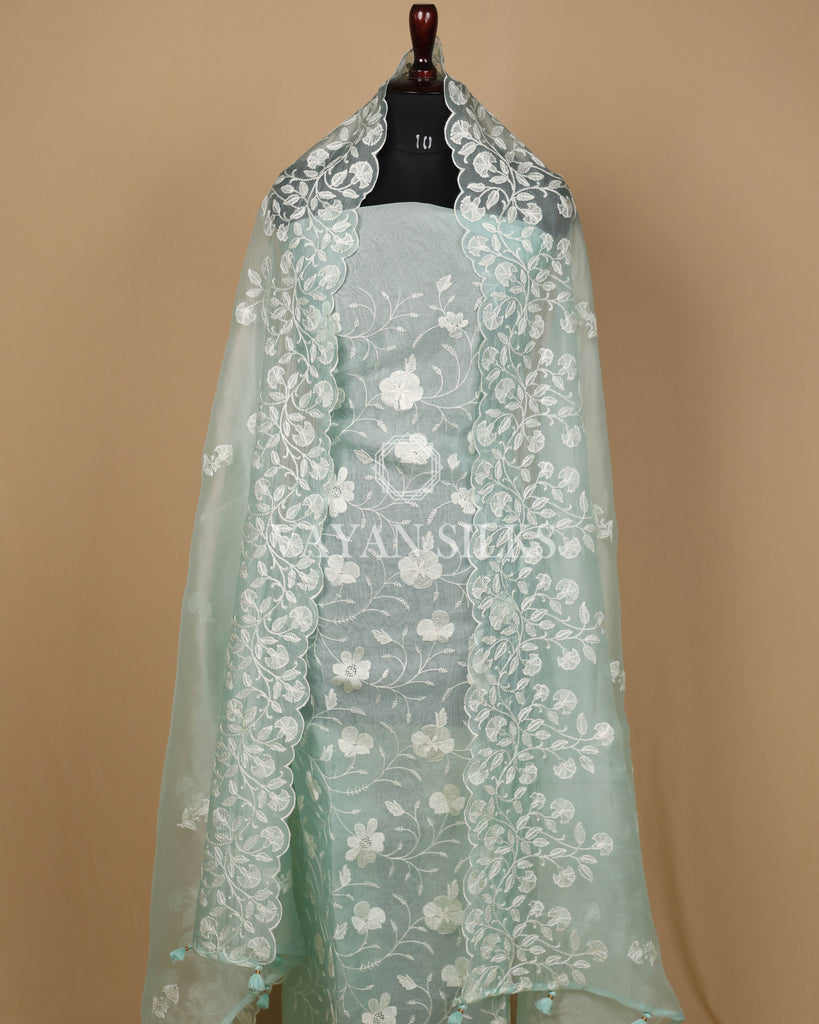 Light Aqua Blue Pure Organza Banarasi Silk Unstitched Suit Set