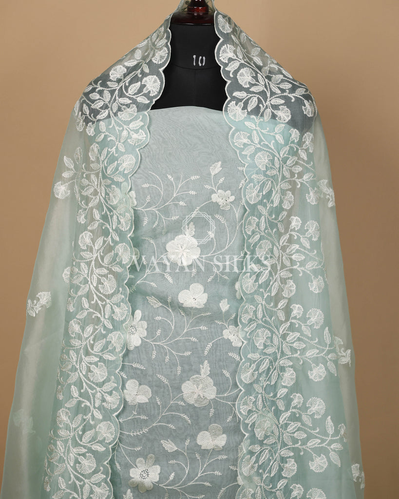 Light Aqua Blue Pure Organza Banarasi Silk Unstitched Suit Set