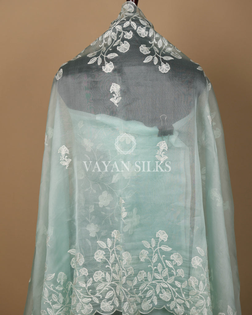 Light Aqua Blue Pure Organza Banarasi Silk Unstitched Suit Set