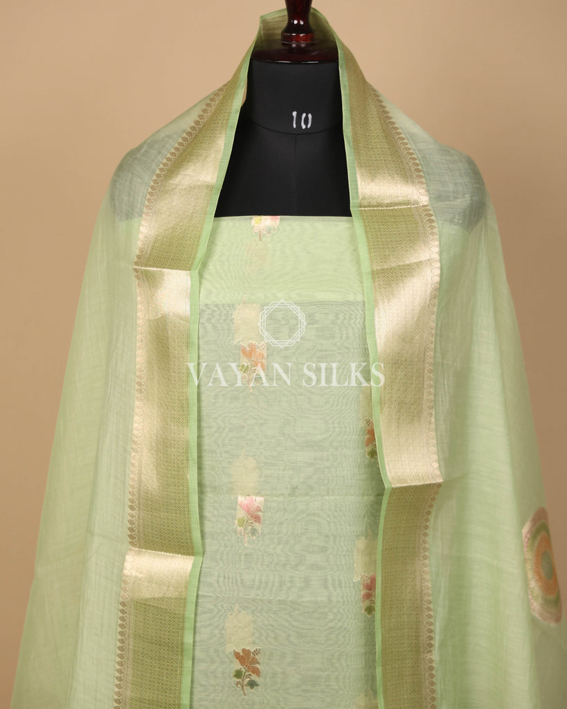 Light Green Pure Mul Banarasi Silk Unstitched Suit Set