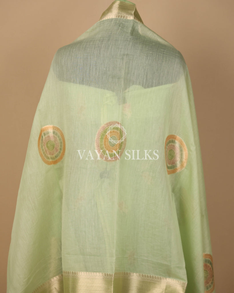 Light Green Pure Mul Banarasi Silk Unstitched Suit Set