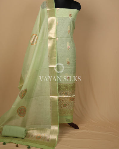 Light Green Pure Mul Banarasi Silk Unstitched Suit Set