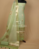 Light Green Pure Mul Banarasi Silk Unstitched Suit Set