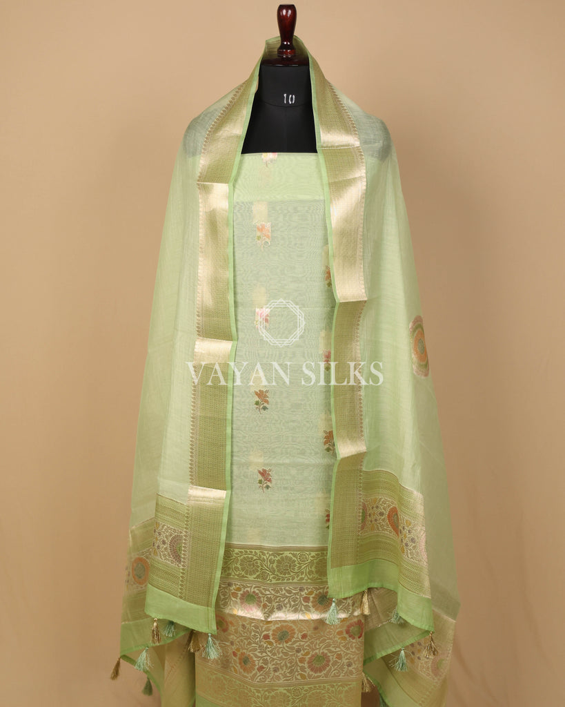 Light Green Pure Mul Banarasi Silk Unstitched Suit Set