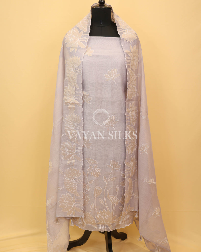 Light Lavender Pure Mul Banarasi Silk Unstitched Suit Set