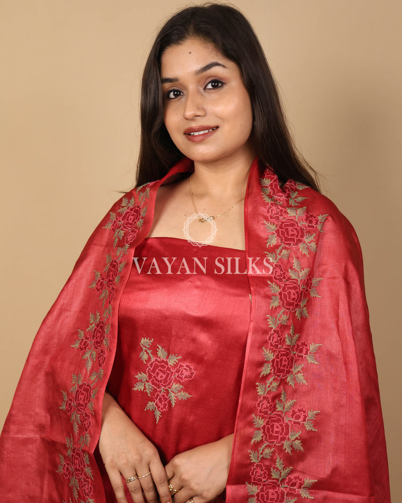 Maroon Embroidered Pure Tussar Silk Unstitched Suit Set