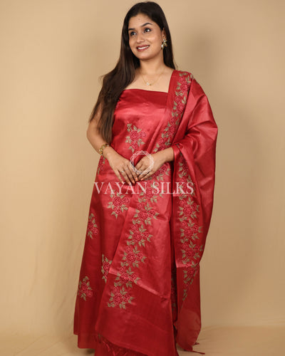 Maroon Embroidered Pure Tussar Silk Unstitched Suit Set