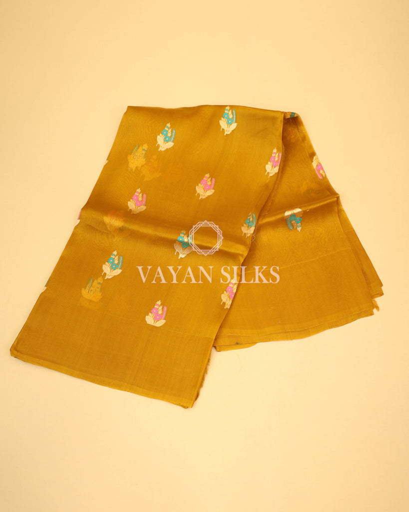 Mustard Yellow Pure Kora  Banarasi Silk Saree