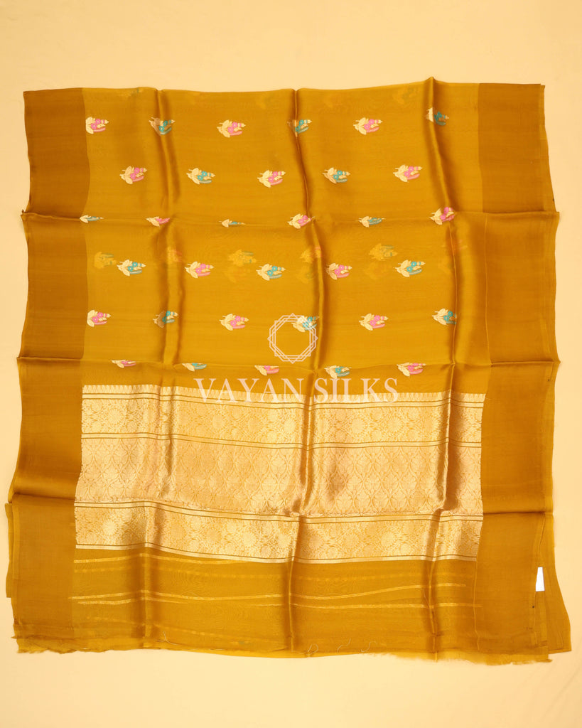 Mustard Yellow Pure Kora  Banarasi Silk Saree
