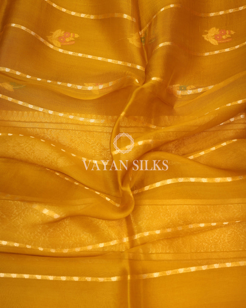 Mustard Yellow Pure Kora  Banarasi Silk Saree