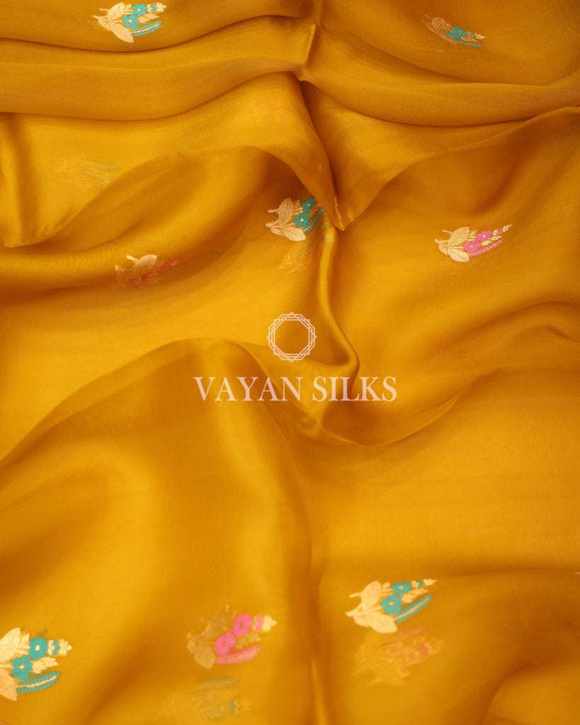 Mustard Yellow Pure Kora  Banarasi Silk Saree