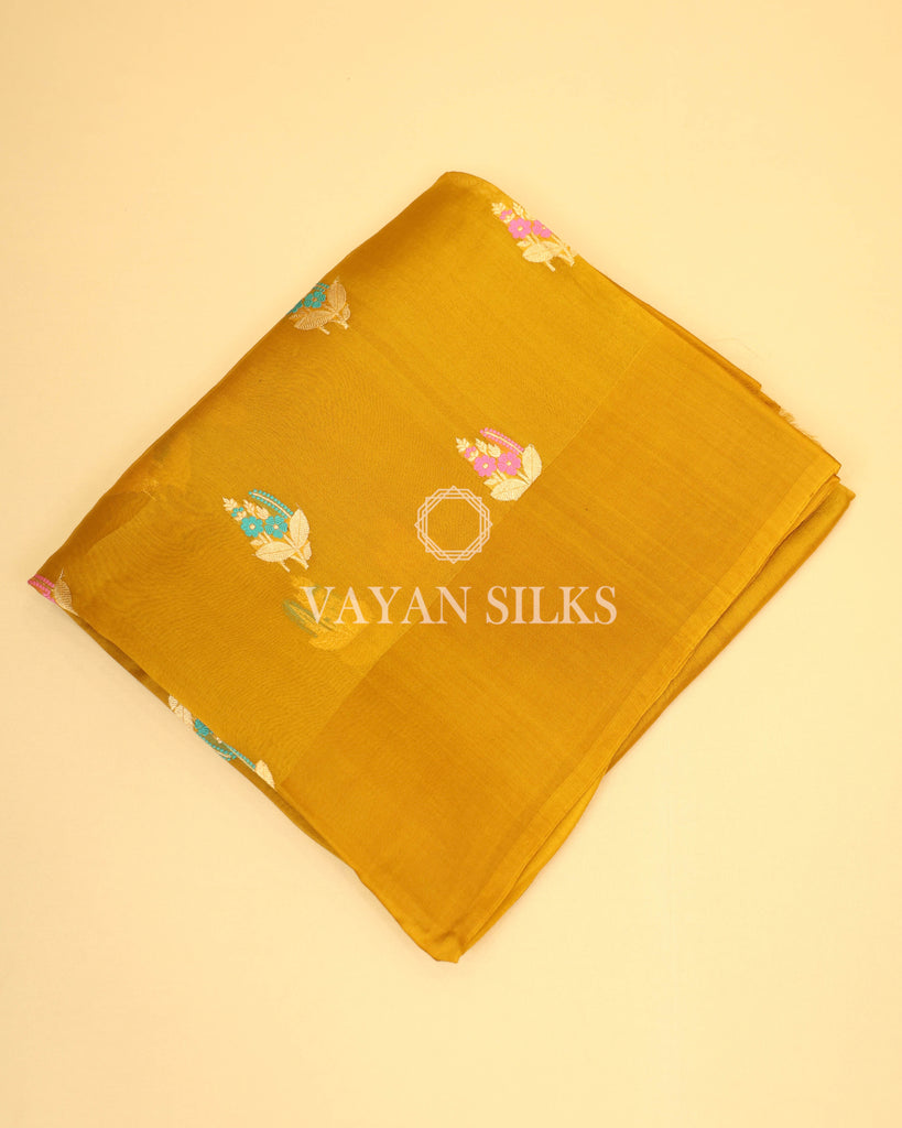Mustard Yellow Pure Kora  Banarasi Silk Saree