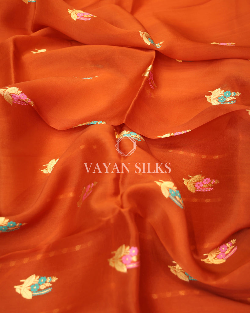 Orange Pure Kora  Banarasi Silk Saree