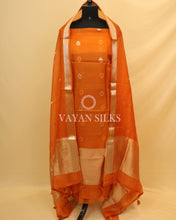 Load image into Gallery viewer, Orange Kora Banarasi Silk Unstitched Suit Set
