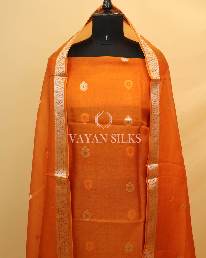 Orange Kora Banarasi Silk Unstitched Suit Set
