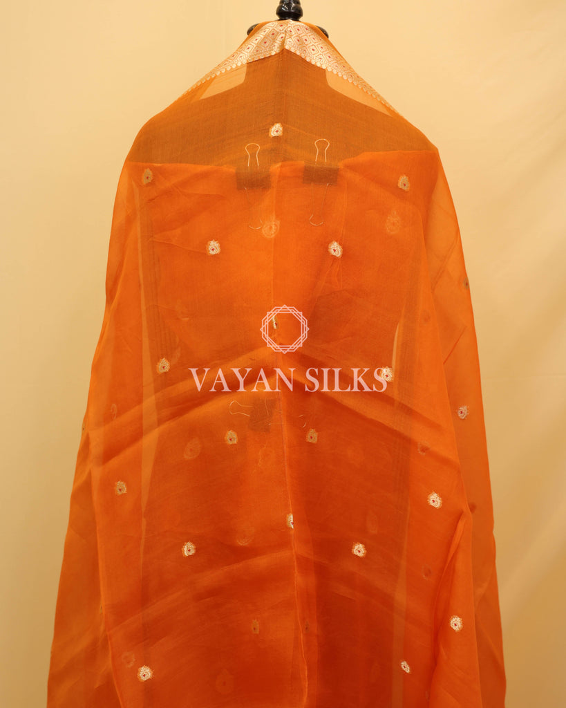 Orange Kora Banarasi Silk Unstitched Suit Set
