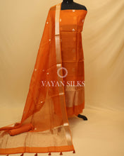 Load image into Gallery viewer, Orange Kora Banarasi Silk Unstitched Suit Set