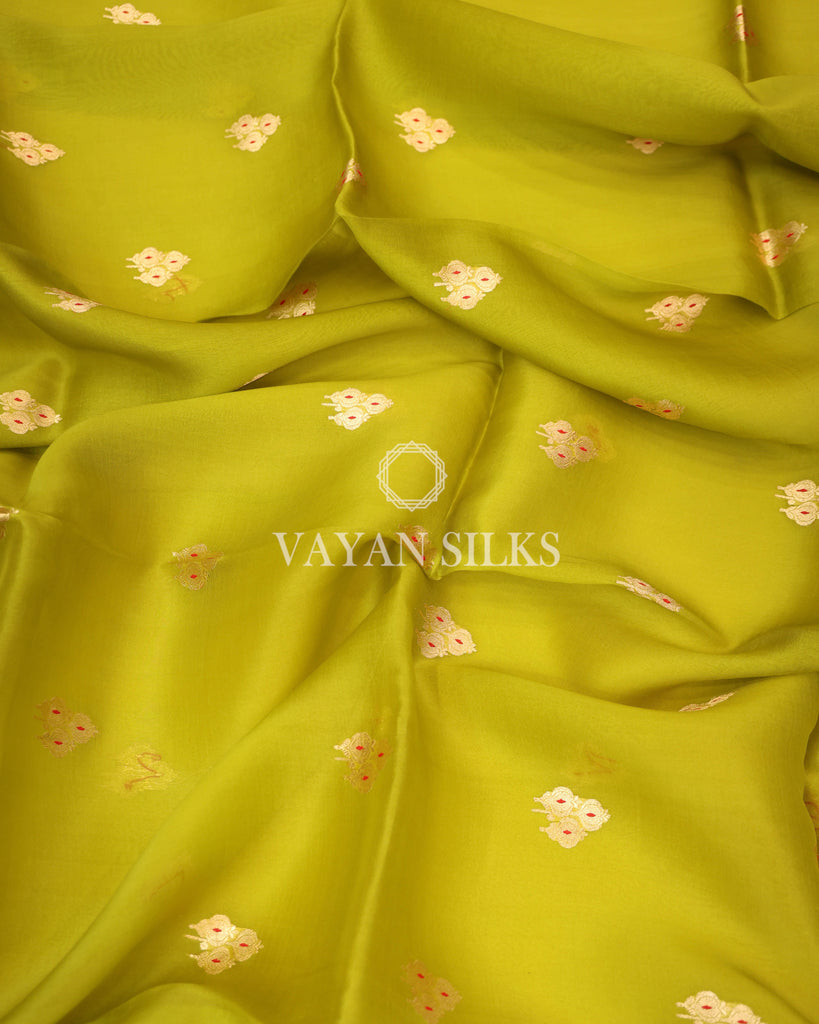 Parrot Green Pure Kora  Banarasi Silk Saree