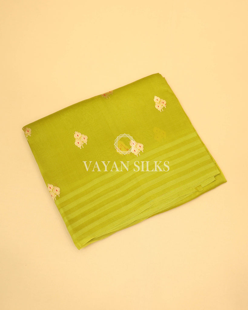 Parrot Green Pure Kora  Banarasi Silk Saree