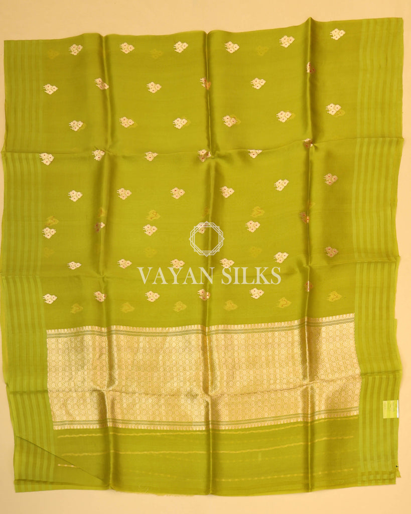 Parrot Green Pure Kora  Banarasi Silk Saree