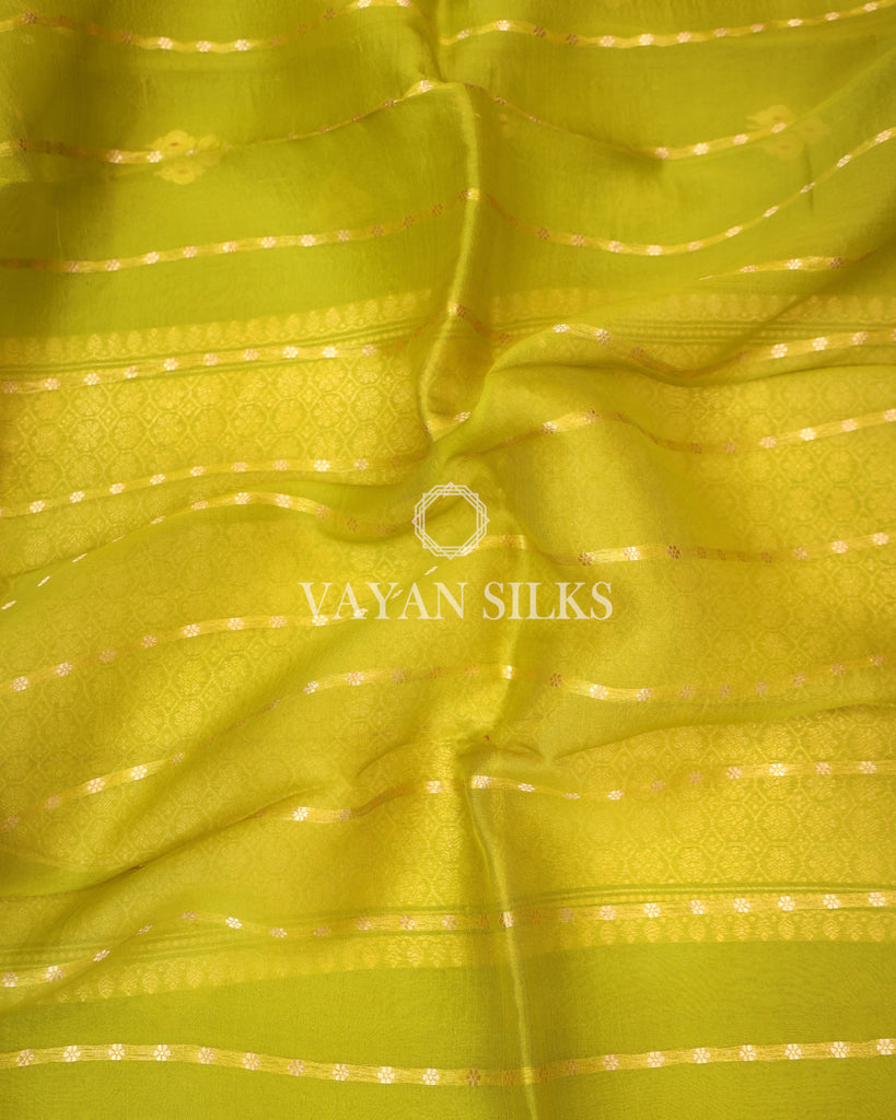 Parrot Green Pure Kora  Banarasi Silk Saree