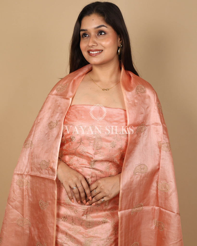 Peach Embroidered Pure Tussar Silk Unstitched Suit Set