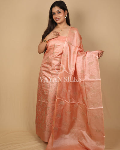 Peach Embroidered Pure Tussar Silk Unstitched Suit Set
