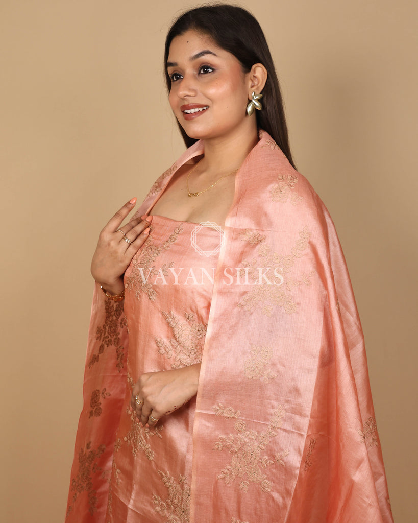 Peach Embroidered Pure Tussar Silk Unstitched Suit Set